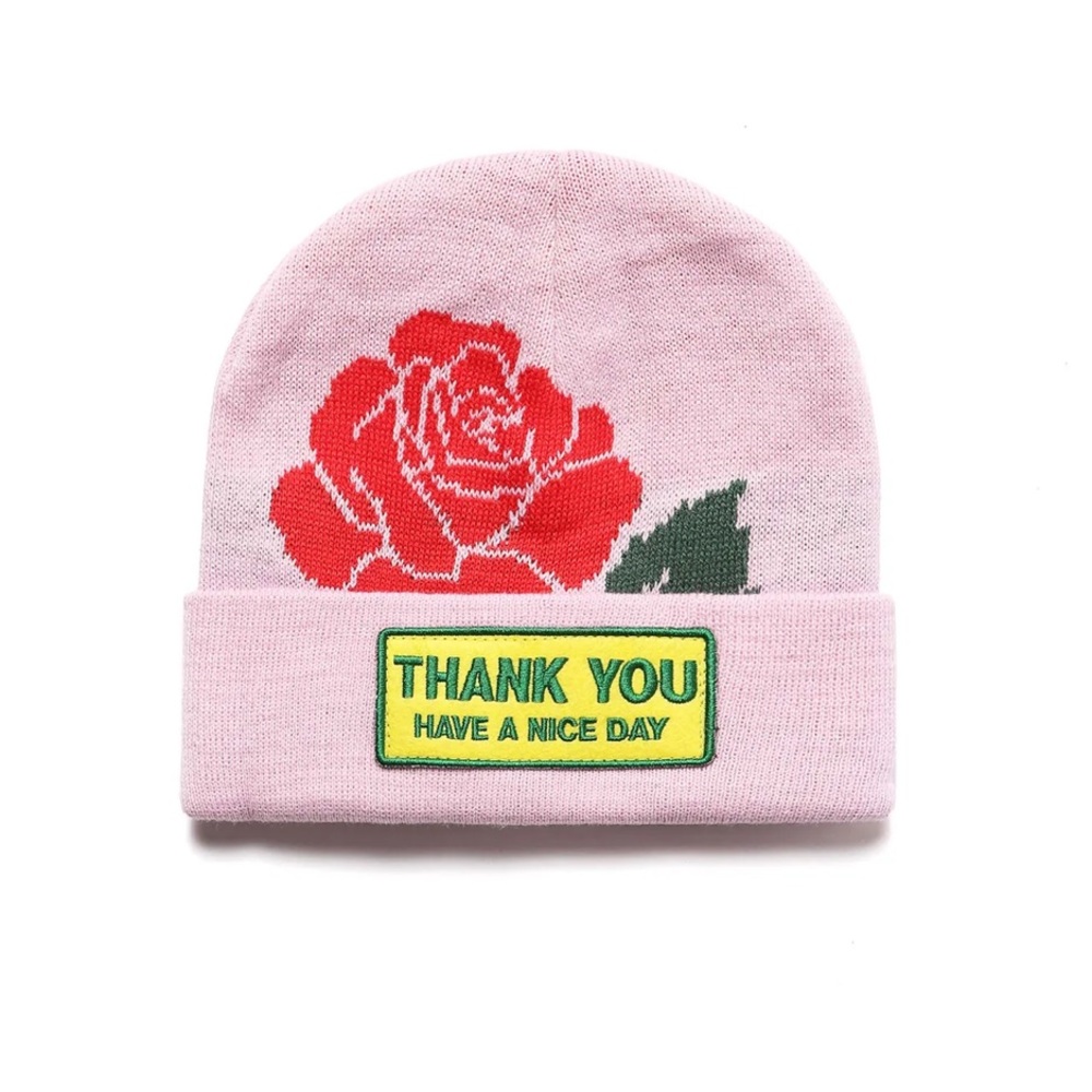 Pink Rose Knit Beanie with "Thank You" Patch